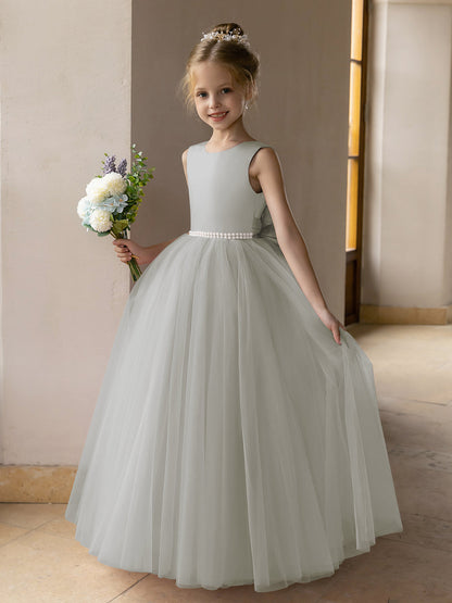 Vestido de Baile de Tule/Vestidos Princesa Flor para Menina com Pérolas e Laço de Cetim