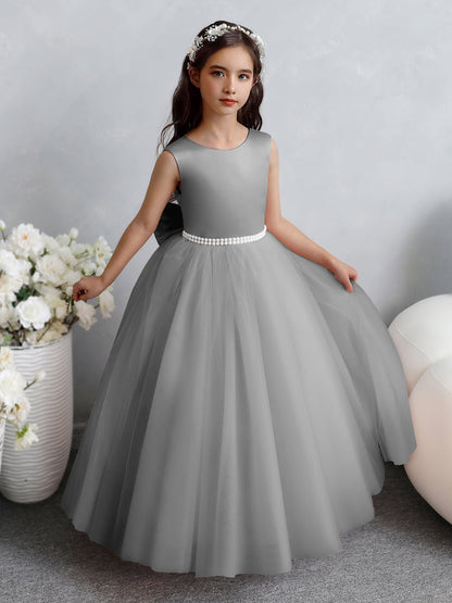 Vestido de Baile de Tule/Vestidos Princesa Flor para Menina com Pérolas e Laço de Cetim