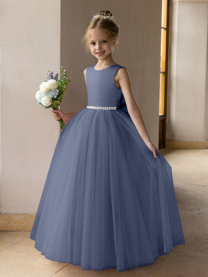 Vestido de Baile de Tule/Vestidos Princesa Flor para Menina com Pérolas e Laço de Cetim