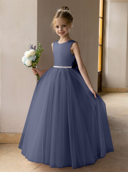 Vestido de Baile de Tule/Vestidos Princesa Flor para Menina com Pérolas e Laço de Cetim