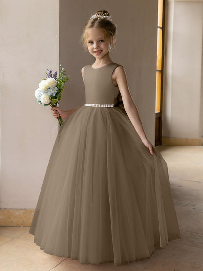 Vestido de Baile de Tule/Vestidos Princesa Flor para Menina com Pérolas e Laço de Cetim