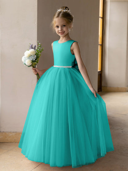 Vestido de Baile de Tule/Vestidos Princesa Flor para Menina com Pérolas e Laço de Cetim