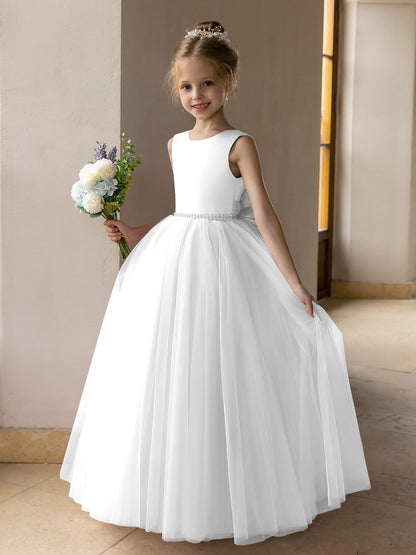 Vestido de Baile de Tule/Vestidos Princesa Flor para Menina com Pérolas e Laço de Cetim