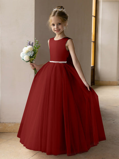 Vestido de Baile de Tule/Vestidos Princesa Flor para Menina com Pérolas e Laço de Cetim