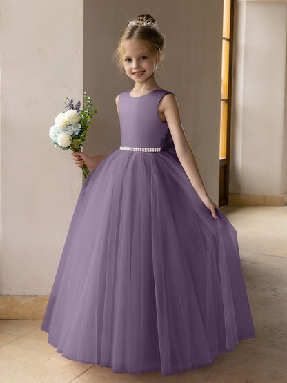 Vestido de Baile de Tule/Vestidos Princesa Flor para Menina com Pérolas e Laço de Cetim
