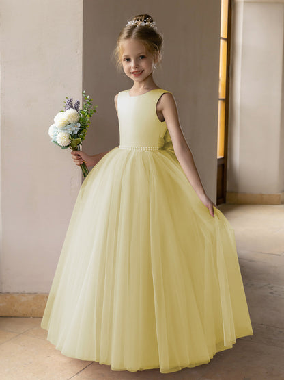 Vestido de Baile de Tule/Vestidos Princesa Flor para Menina com Pérolas e Laço de Cetim
