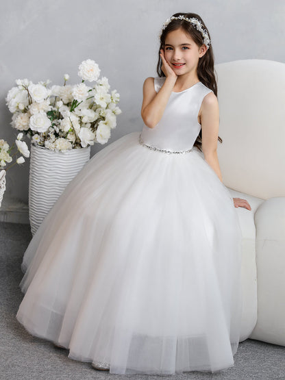 Vestidos Floridos de Tule com Gola Redonda e Laço Na Cintura