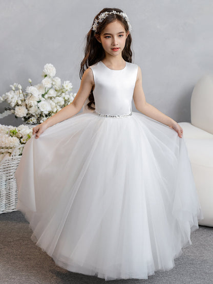 Vestidos Floridos de Tule com Gola Redonda e Laço Na Cintura