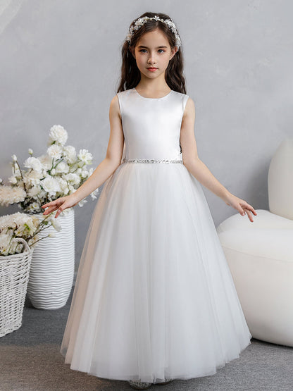 Vestidos Floridos de Tule com Gola Redonda e Laço Na Cintura