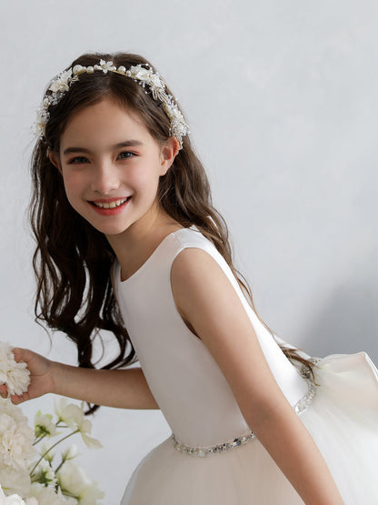 Vestidos Floridos de Tule com Gola Redonda e Laço Na Cintura