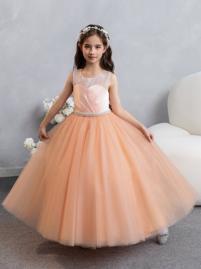 Vestidos de Menina Flor de Tule com Gola Redonda e Renda com Pérolas e Laço