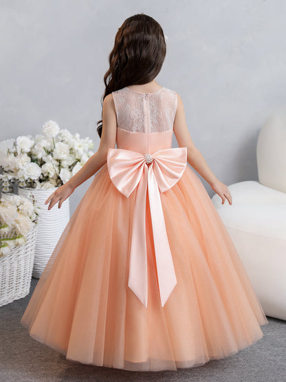 Vestidos de Menina Flor de Tule com Gola Redonda e Renda com Pérolas e Laço