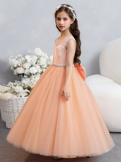 Vestidos de Menina Flor de Tule com Gola Redonda e Renda com Pérolas e Laço