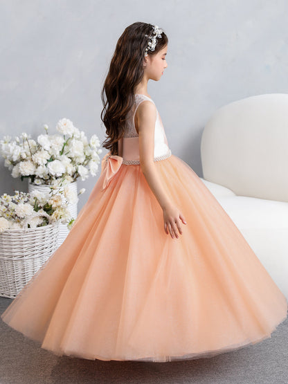 Vestidos de Menina Flor de Tule com Gola Redonda e Renda com Pérolas e Laço