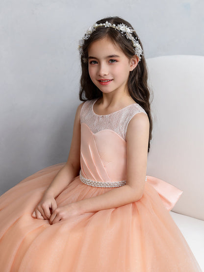 Vestidos de Menina Flor de Tule com Gola Redonda e Renda com Pérolas e Laço
