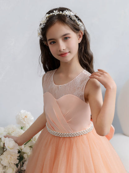 Vestidos de Menina Flor de Tule com Gola Redonda e Renda com Pérolas e Laço