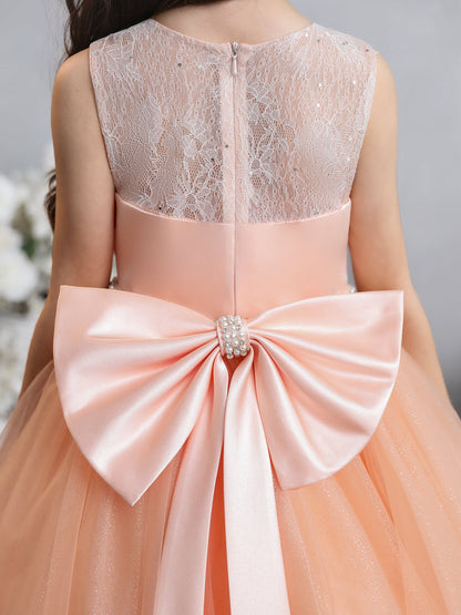Vestidos de Menina Flor de Tule com Gola Redonda e Renda com Pérolas e Laço