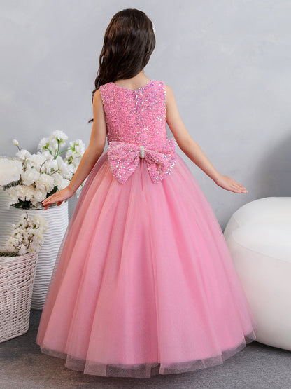 Vestido de Baile de Tule/Princesa Lantejoulas Vestidos Floristas com Pérolas e Laço