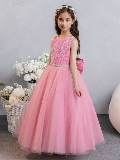 Vestido de Baile de Tule/Princesa Lantejoulas Vestidos Floristas com Pérolas e Laço