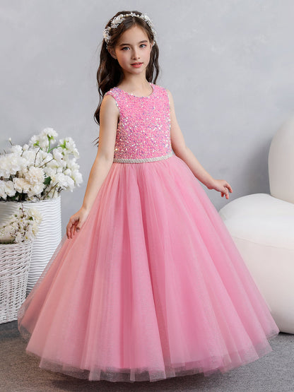 Vestido de Baile de Tule/Princesa Lantejoulas Vestidos Floristas com Pérolas e Laço