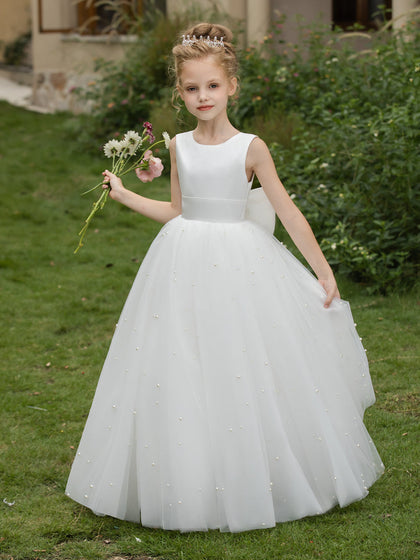 Vestidos Floridos de Tule com Gola Redonda e Pérolas e Laço de Cetim