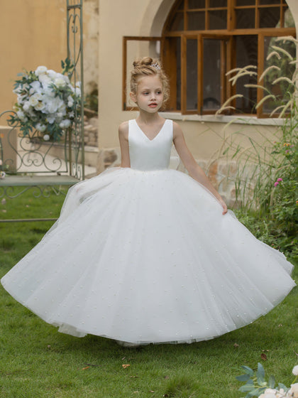 Vestidos Florais de Tule com Decote Em V com Pérolas e Laço de Cetim