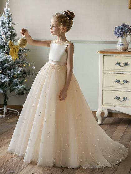 Vestidos Floridos de Tule com Gola Redonda e Pérolas e Laço de Cetim
