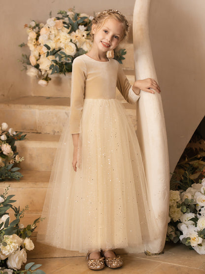 Vestidos Florais de Tule com Gola Redonda e Mangas Compridas