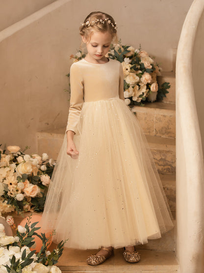 Vestidos Florais de Tule com Gola Redonda e Mangas Compridas