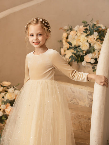 Vestidos Florais de Tule com Gola Redonda e Mangas Compridas