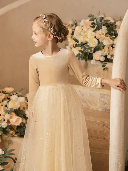 Vestidos Florais de Tule com Gola Redonda e Mangas Compridas