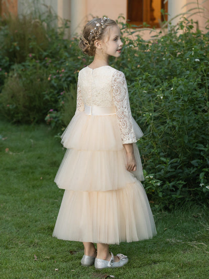Vestidos Floridos de Tule com Gola Redonda e Apliques e Pregas Em Camadas
