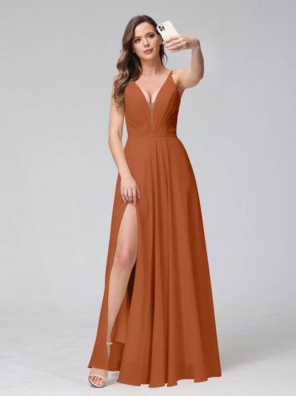 Vestidos de Dama de Honra Longos de Chiffon com Alças Finas e Decote Em V Sem Mangas com Lado Dividido