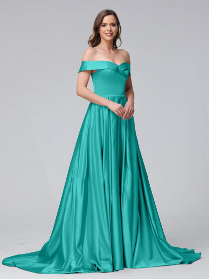 Vestidos de Noite Longos de Cetim com Ombros Largos e Corte A com Laterais Divididas e Bolsos