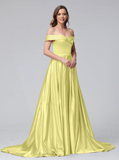 Vestidos de Noite Longos de Cetim com Ombros Largos e Corte A com Laterais Divididas e Bolsos