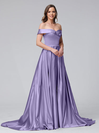 Vestidos de Noite Longos de Cetim com Ombros Largos e Corte A com Laterais Divididas e Bolsos