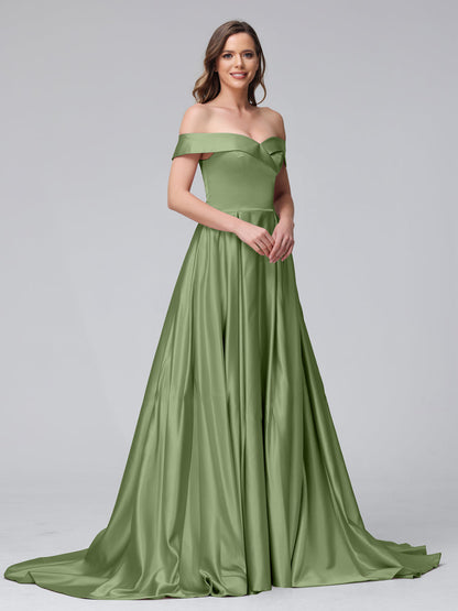 Vestidos de Noite Longos de Cetim com Ombros Largos e Corte A com Laterais Divididas e Bolsos