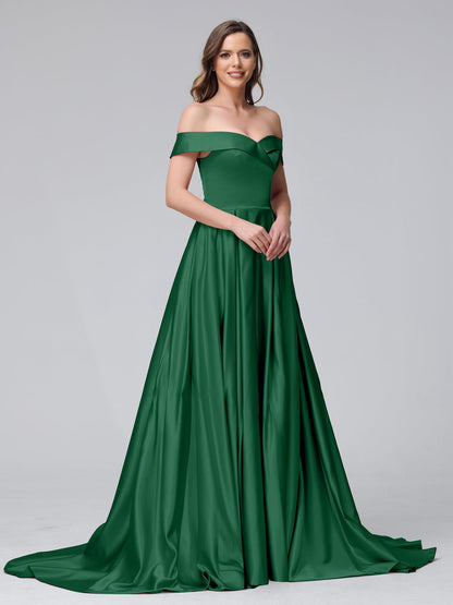 Vestidos de Noite Longos de Cetim com Ombros Largos e Corte A com Laterais Divididas e Bolsos