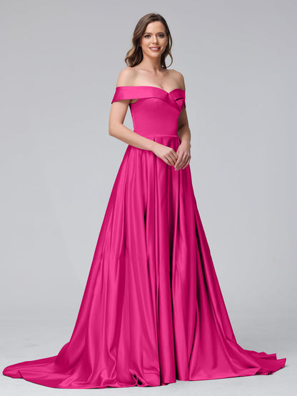 Vestidos de Noite Longos de Cetim com Ombros Largos e Corte A com Laterais Divididas e Bolsos