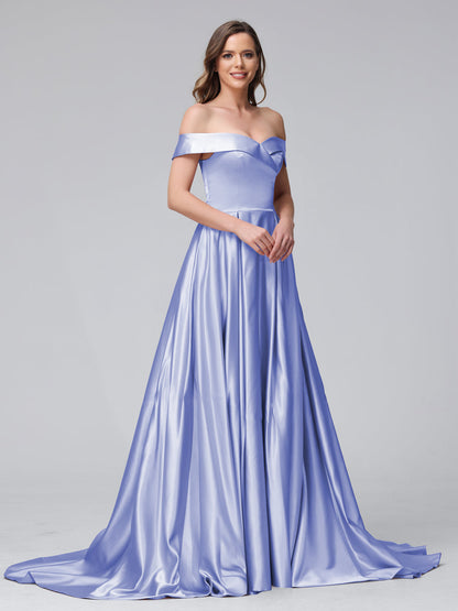 Vestidos de Noite Longos de Cetim com Ombros Largos e Corte A com Laterais Divididas e Bolsos