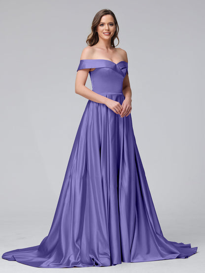 Vestidos de Noite Longos de Cetim com Ombros Largos e Corte A com Laterais Divididas e Bolsos