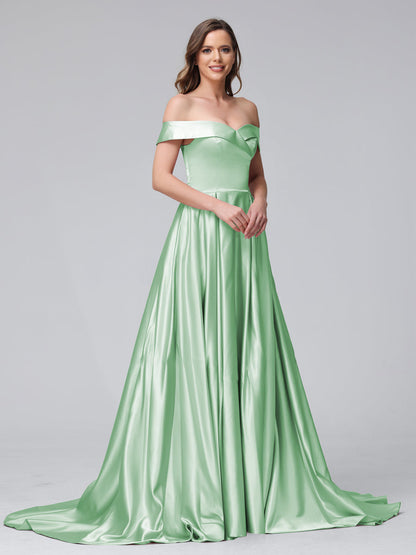 Vestidos de Noite Longos de Cetim com Ombros Largos e Corte A com Laterais Divididas e Bolsos