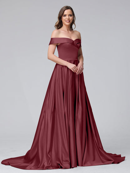 Vestidos de Noite Longos de Cetim com Ombros Largos e Corte A com Laterais Divididas e Bolsos