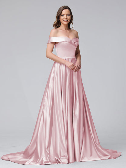Vestidos de Noite Longos de Cetim com Ombros Largos e Corte A com Laterais Divididas e Bolsos