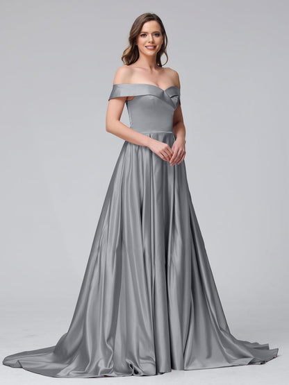 Vestidos de Noite Longos de Cetim com Ombros Largos e Corte A com Laterais Divididas e Bolsos