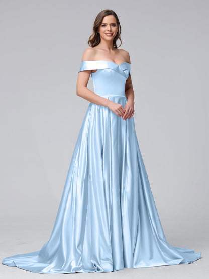 Vestidos de Noite Longos de Cetim com Ombros Largos e Corte A com Laterais Divididas e Bolsos