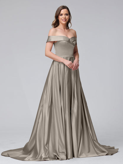 Vestidos de Noite Longos de Cetim com Ombros Largos e Corte A com Laterais Divididas e Bolsos