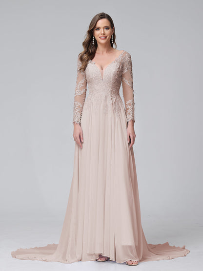 Vestidos de Noiva Longos Em Chiffon com Mangas Compridas e Decote Em A com Apliques de Renda