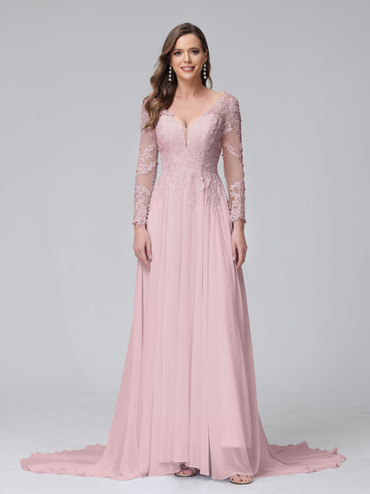 Vestidos de Noiva Longos Em Chiffon com Mangas Compridas e Decote Em A com Apliques de Renda