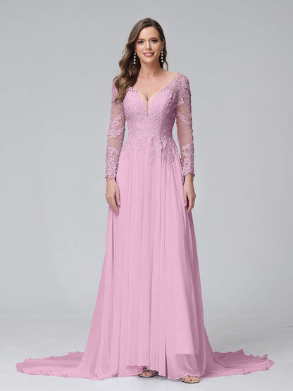 Vestidos de Noiva Longos Em Chiffon com Mangas Compridas e Decote Em A com Apliques de Renda